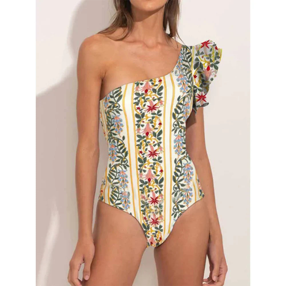 Ruffled Printed Asymmetrical Swimsuit One Piece - Fashionpara