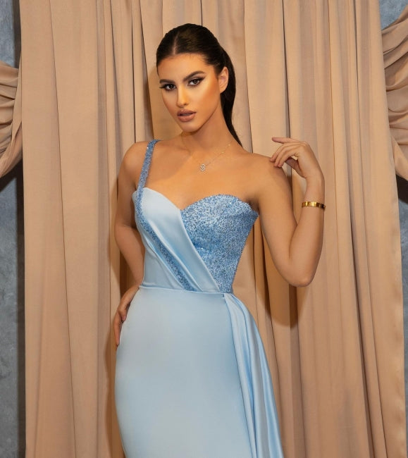 One Shoulder Sequins Sweetheart Sheath Split Prom Evening Dresses With Side Train