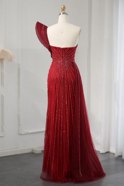 Beatiful Wine Red One Shoulder High Split Beadings Evening Dress - Fashionpara