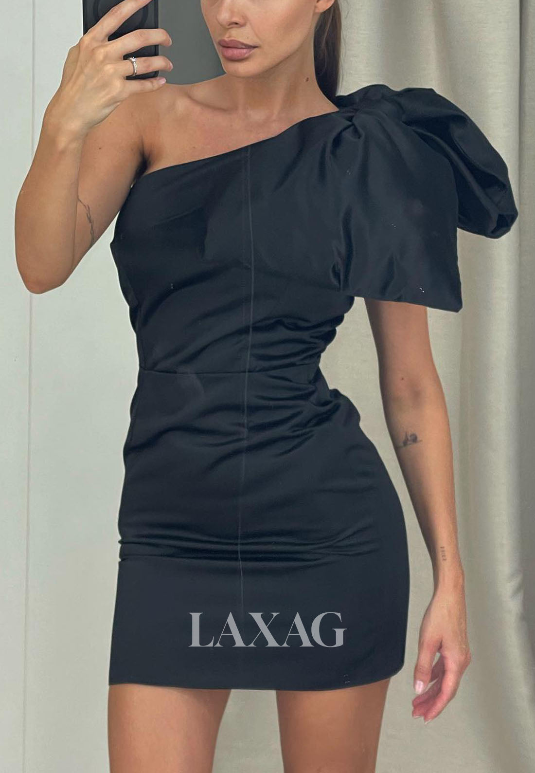 One Shouder Pleated Sleek Satin Party Homecoming Dress with Bow Detail - Fashionpara