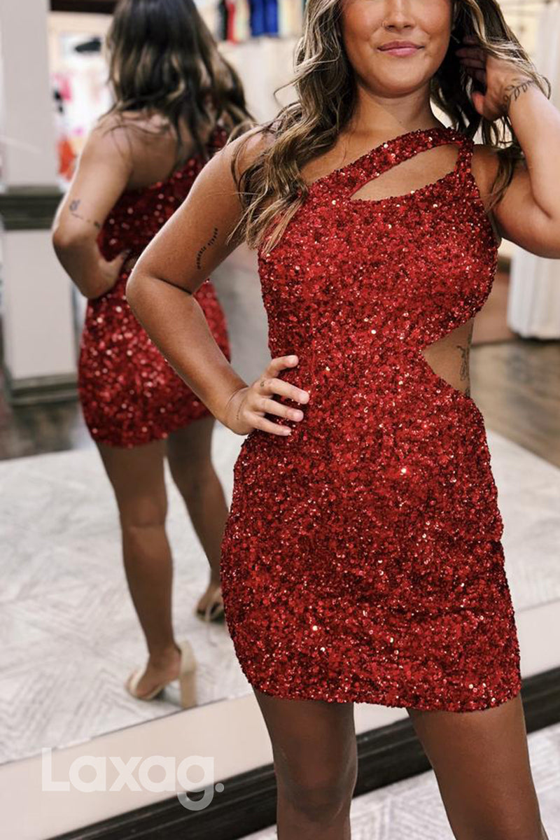 22756 - One Shoulder Cutout Fully Sequins Sleek Satin Fitted Party Homecoming Dress - Fashionpara