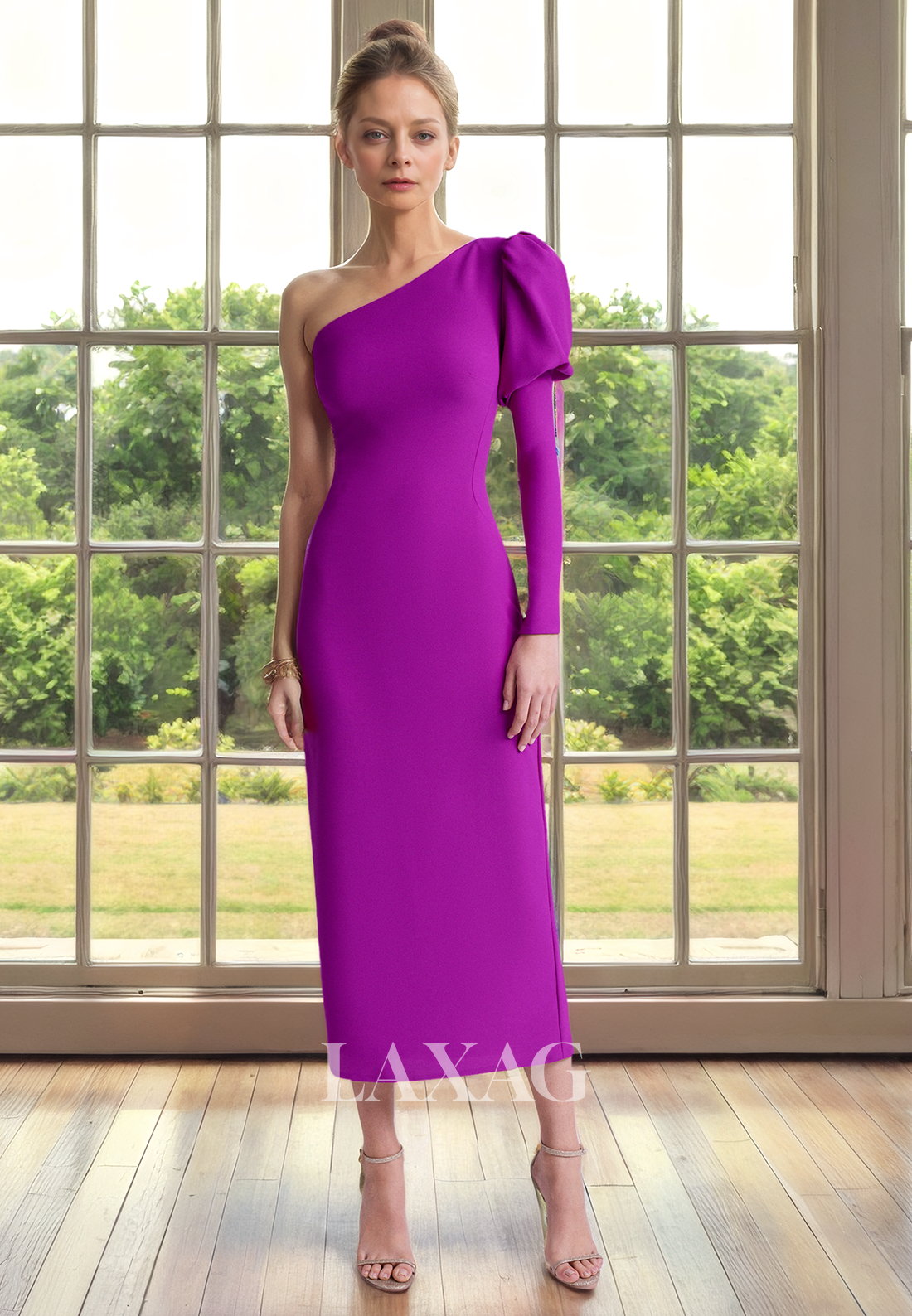 One Shoulder Long Sleeves Sleek Satin Elegant Mother of the Bride Dress