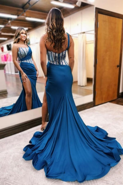 One shoulder Ocean Blue Silver Split Prom Dress with Beadings - Fashionpara