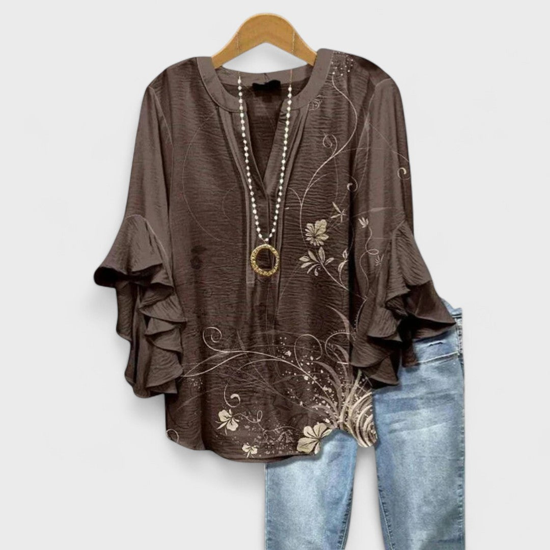 Floral Print V-Neck Ruffle Bell Sleeve Blouse 4