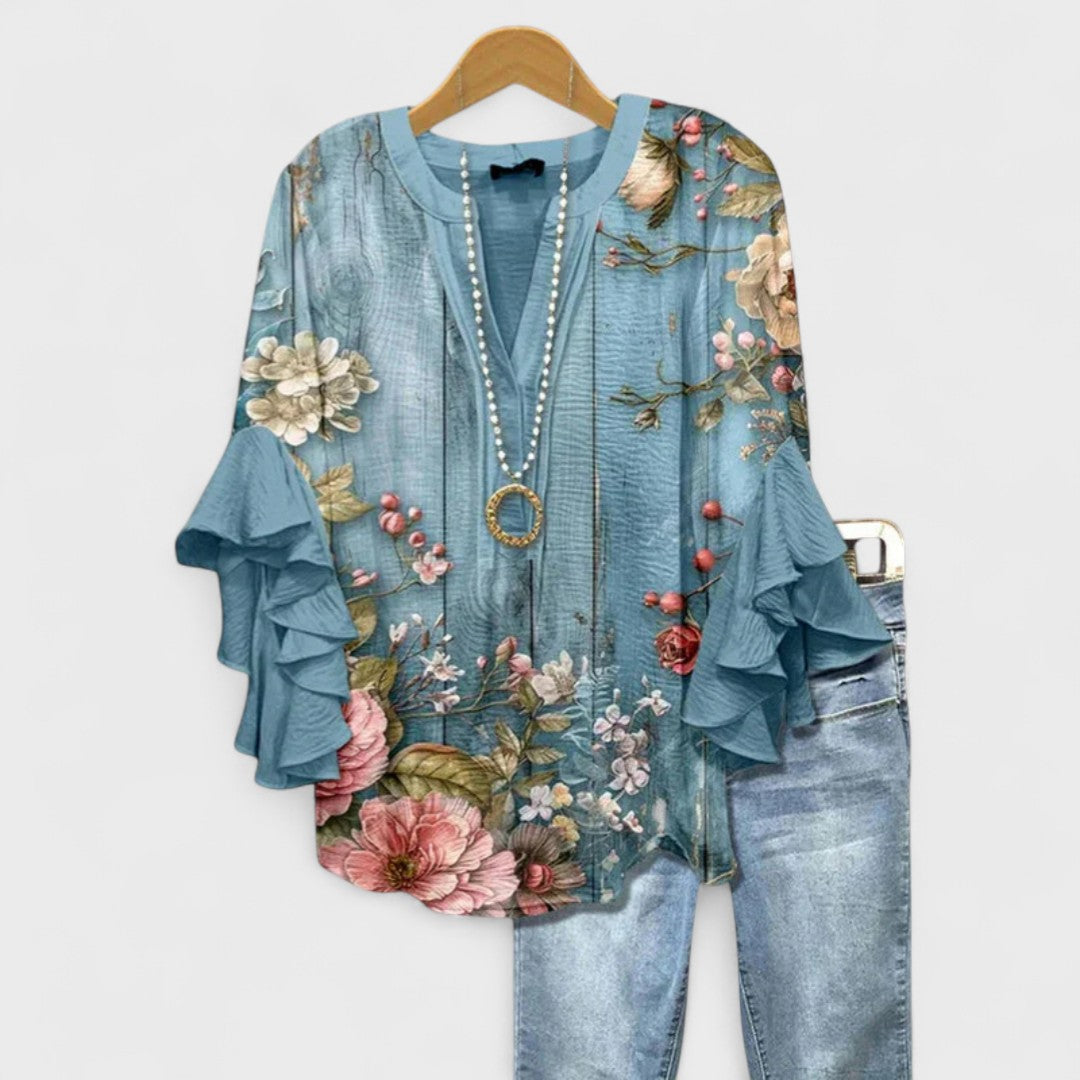 Floral Print V-Neck Ruffle Bell Sleeve Blouse 7