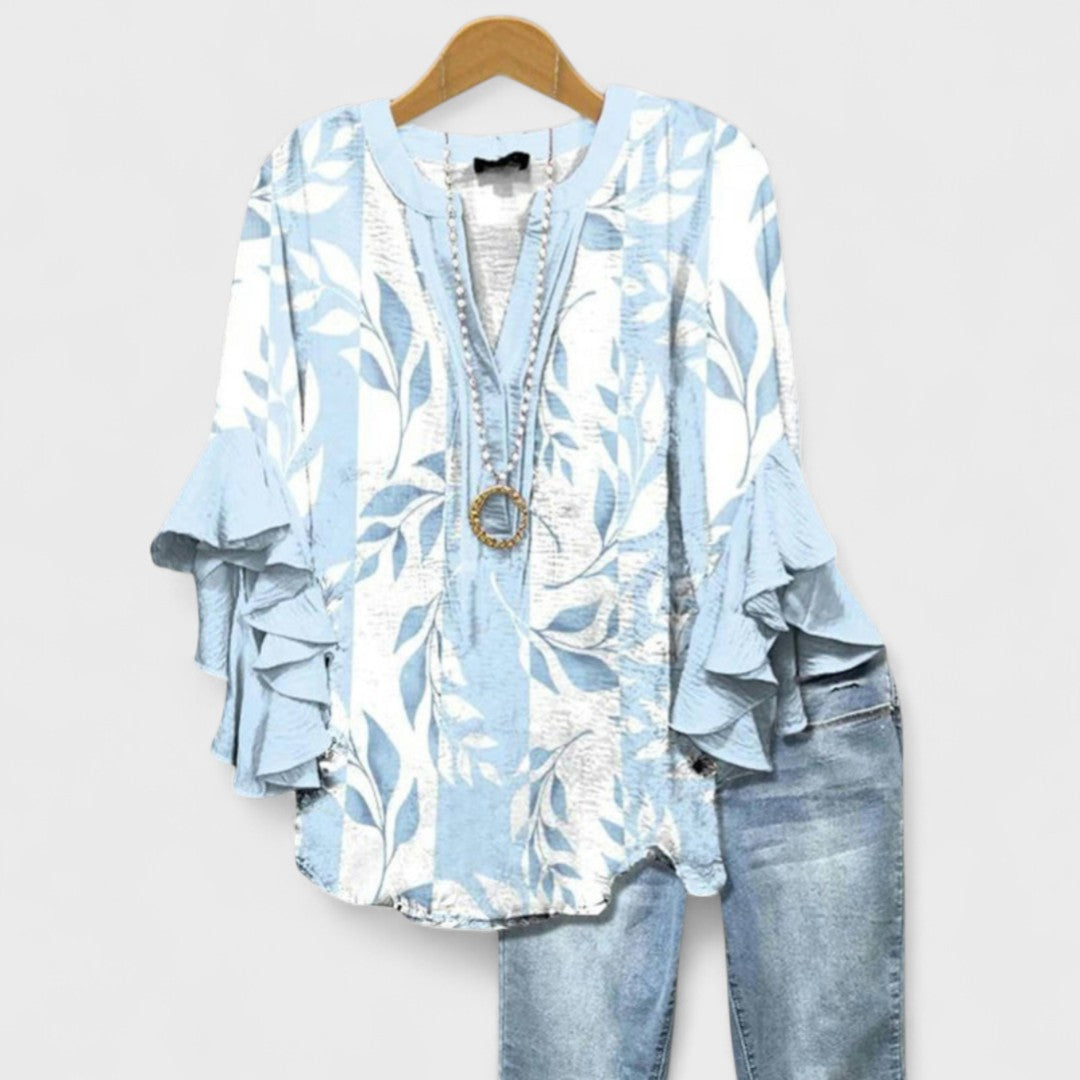 Floral Print V-Neck Ruffle Bell Sleeve Blouse 2