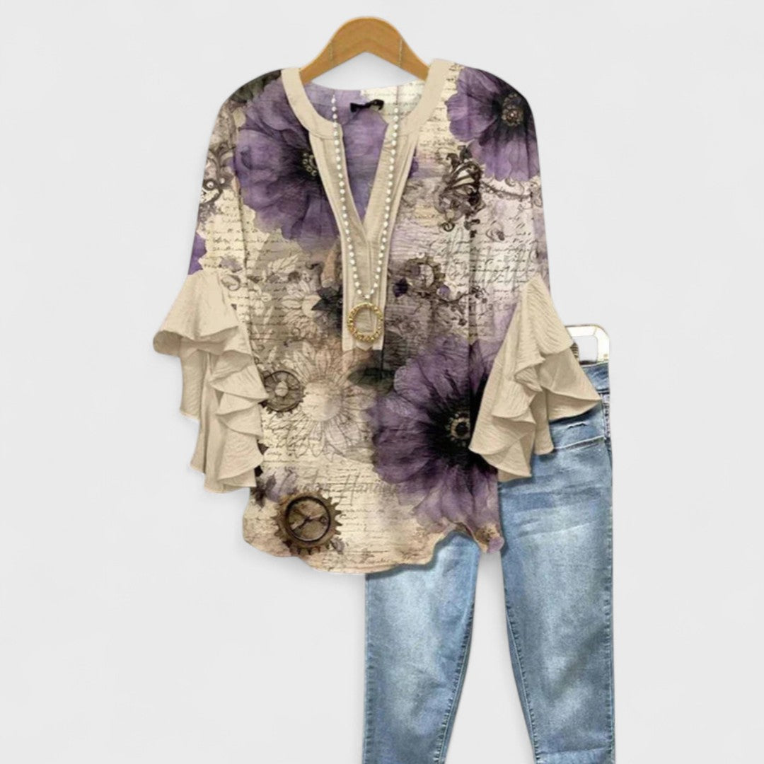 Floral Print V-Neck Ruffle Bell Sleeve Blouse 6