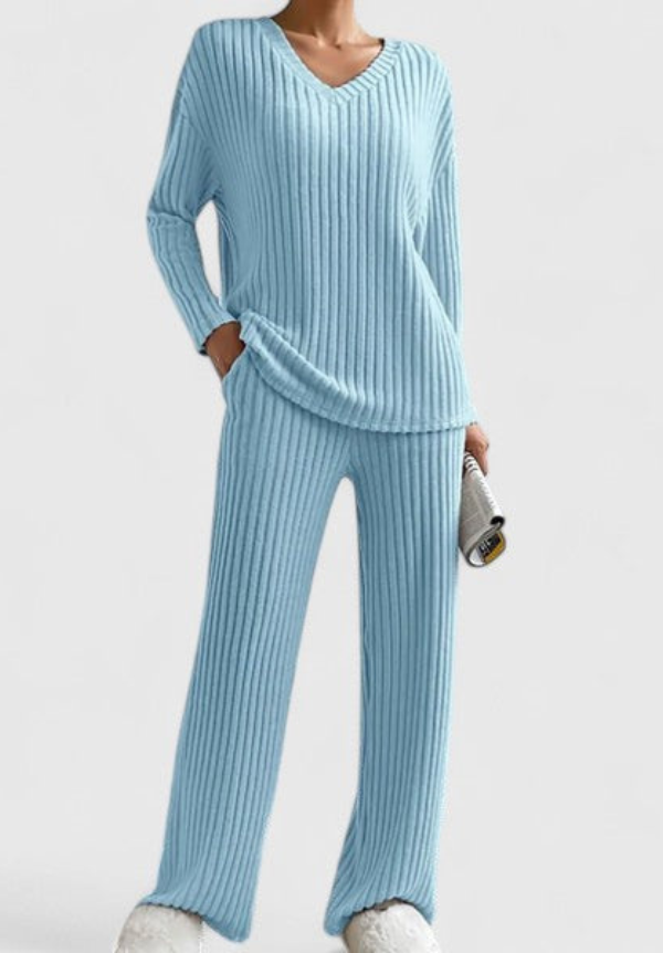 Ribbed Knit V-Neck Top and Wide Leg Pants Two Piece Set 4