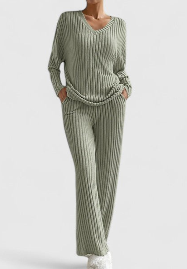 Ribbed Knit V-Neck Top and Wide Leg Pants Two Piece Set 5