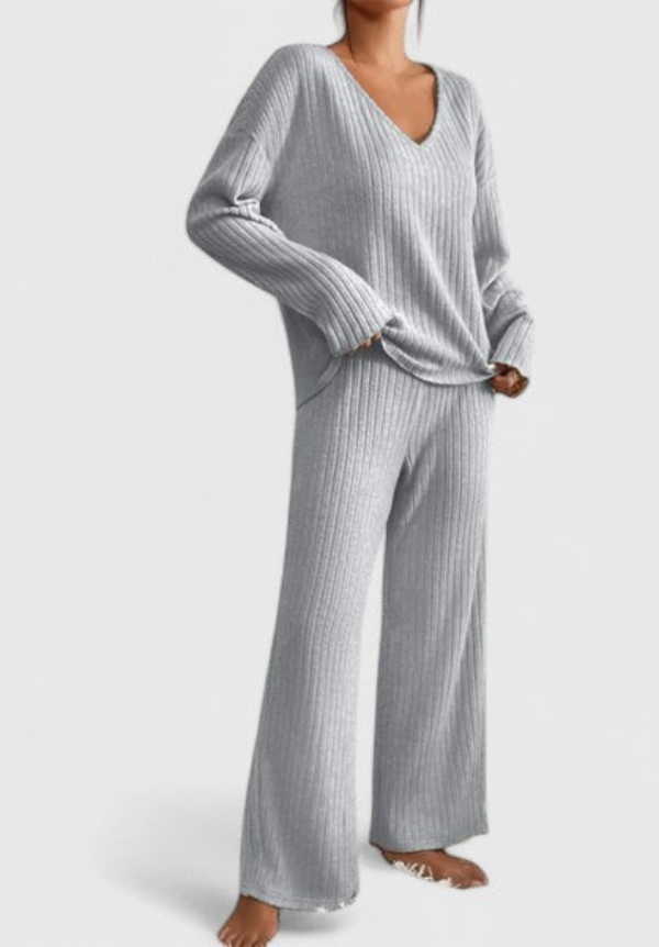 Ribbed Knit V-Neck Top and Wide Leg Pants Two Piece Set 7