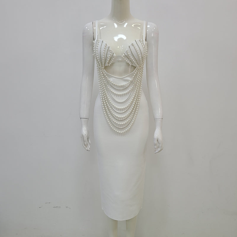 Pearl Beaded Strappy Cutout Bodycon Midi Dress