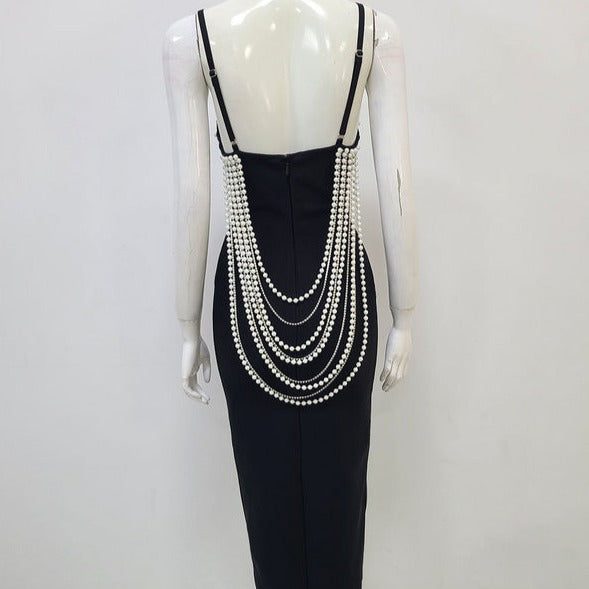 Pearl Beaded Strappy Cutout Bodycon Midi Dress