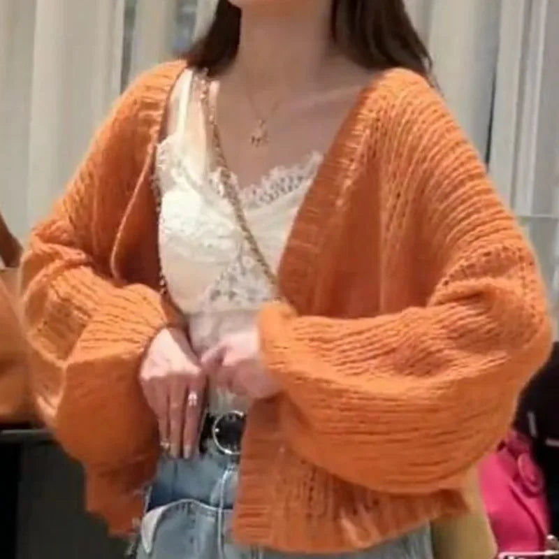 Orange Lantern Sleeve Open Stitch Loose Spring Cardigan
