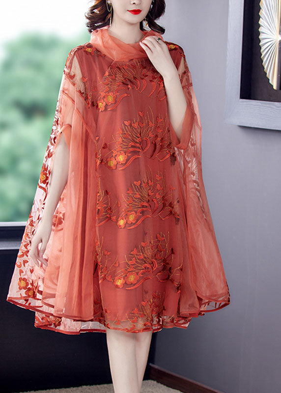 Mesh Embroidered Floral Overlay Cowl Neck Cape A-Line Midi Dress