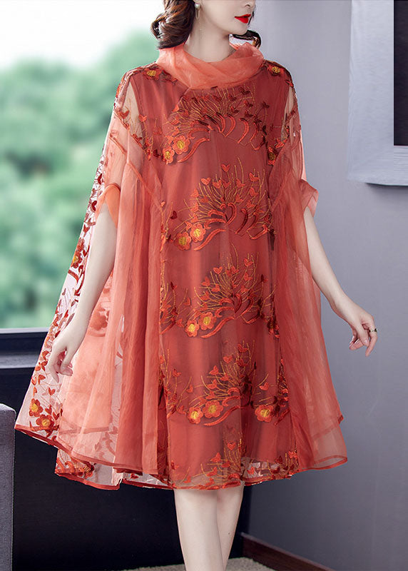 Mesh Embroidered Floral Overlay Cowl Neck Cape A-Line Midi Dress - View 2