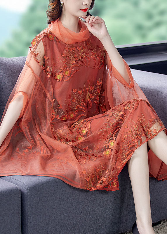 Mesh Embroidered Floral Overlay Cowl Neck Cape A-Line Midi Dress - View 3