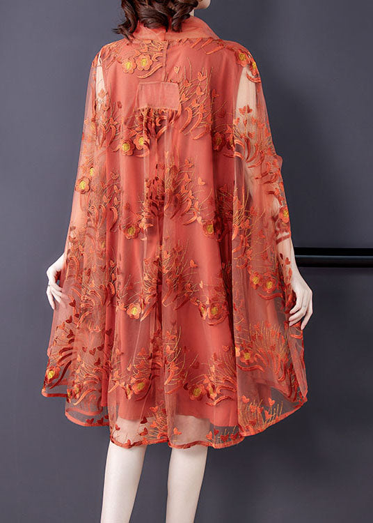 Mesh Embroidered Floral Overlay Cowl Neck Cape A-Line Midi Dress - View 4