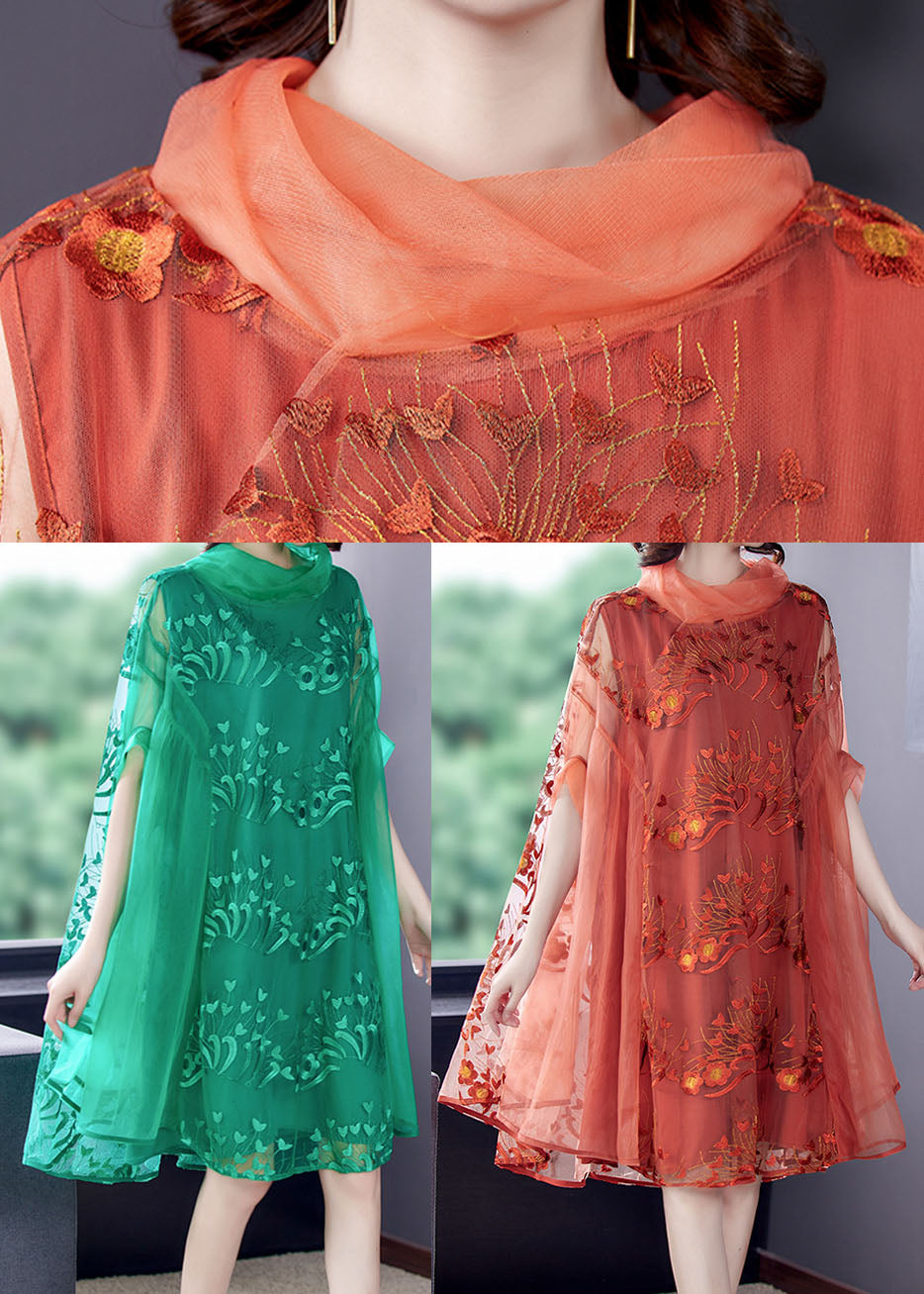 Mesh Embroidered Floral Overlay Cowl Neck Cape A-Line Midi Dress - View 5