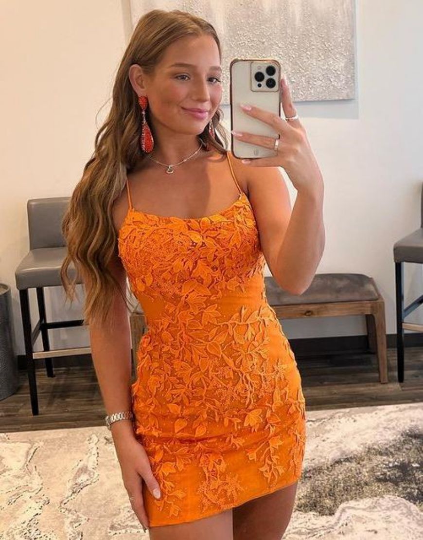 Orange Spaghetti Straps Bodycon Homecoming Dress With Appliques - Fashionpara