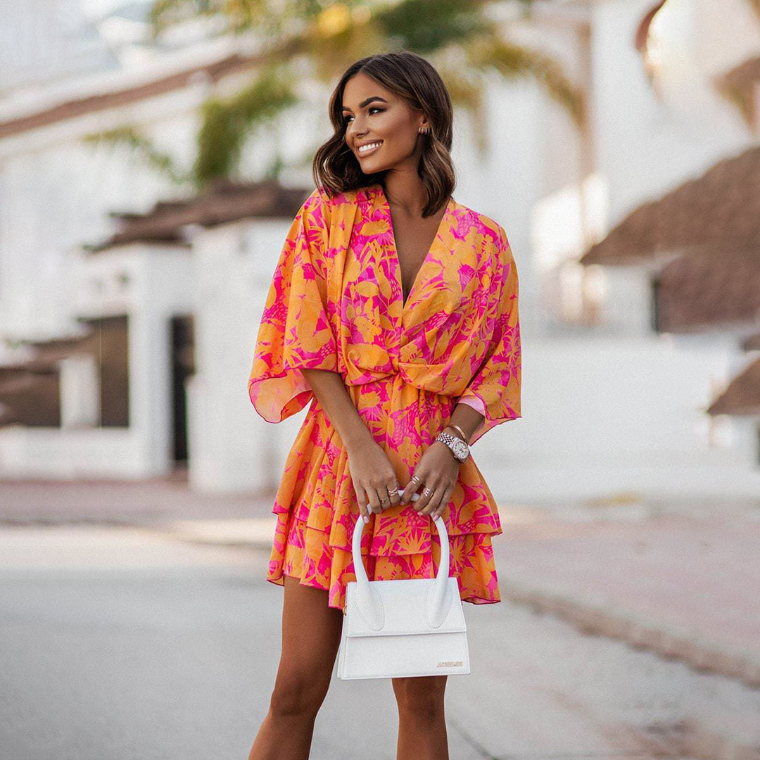 Deep V-Neck Wrap Twist Waist Kimono Sleeve Tiered Ruffle Mini Dress