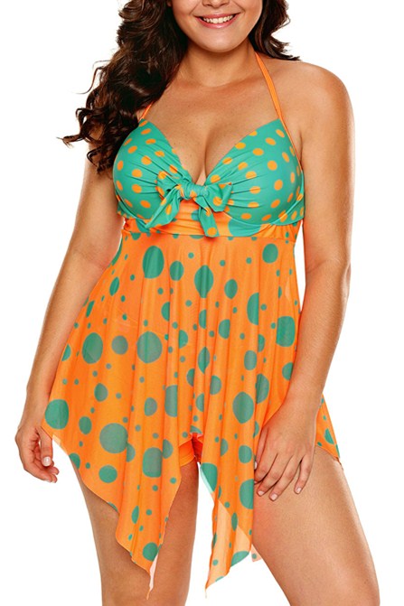 Orange Green Polka Dot Handkerchief 2pcs Tankini Set