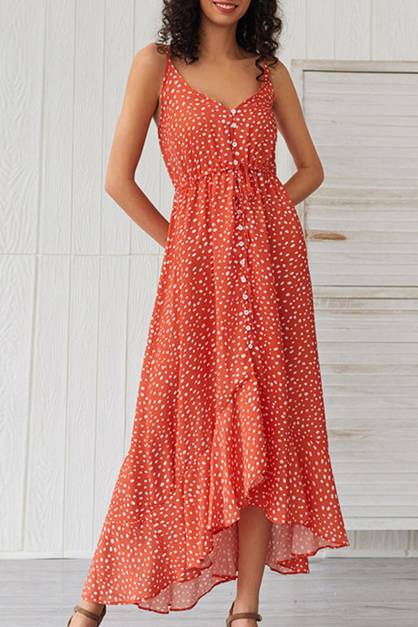 Polka Dot Spaghetti Straps Ruffled Dress - Mislish