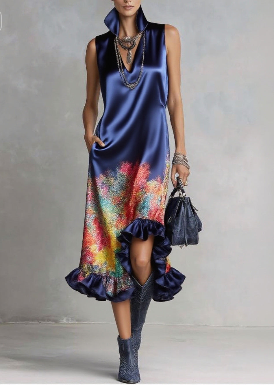Satin High Collar Deep V-Neck Sleeveless Abstract Midi Dress