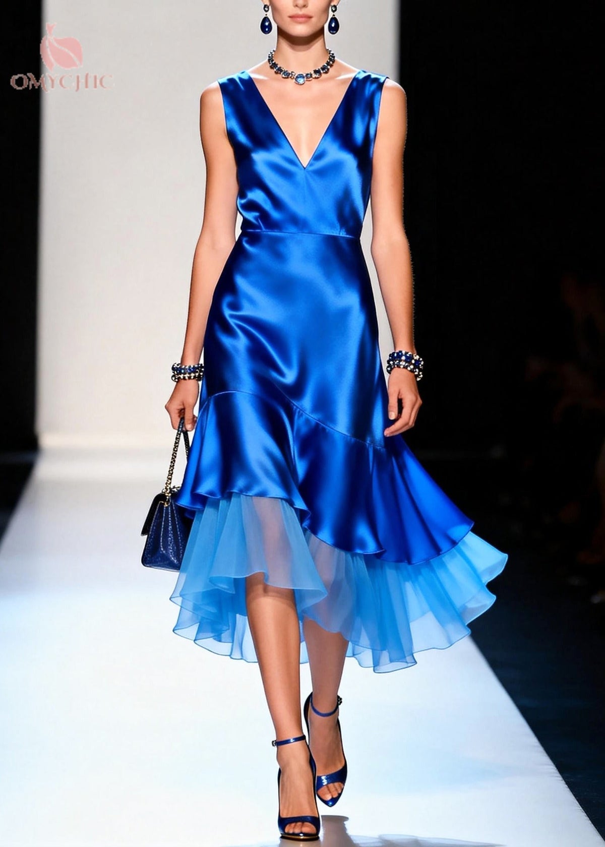 Sleeveless V-Neck Floral Satin Asymmetric Tiered Chiffon Midi Dress - View 3