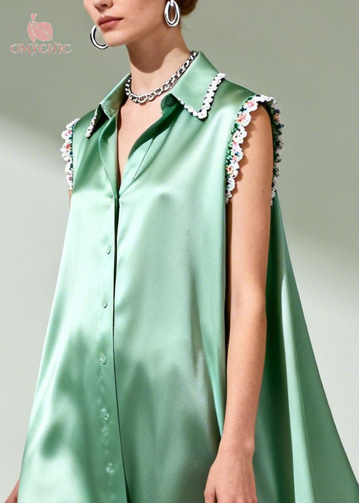 Satin Lace Trim Collar Button Down Sleeveless Shirt Maxi Dress - View 2