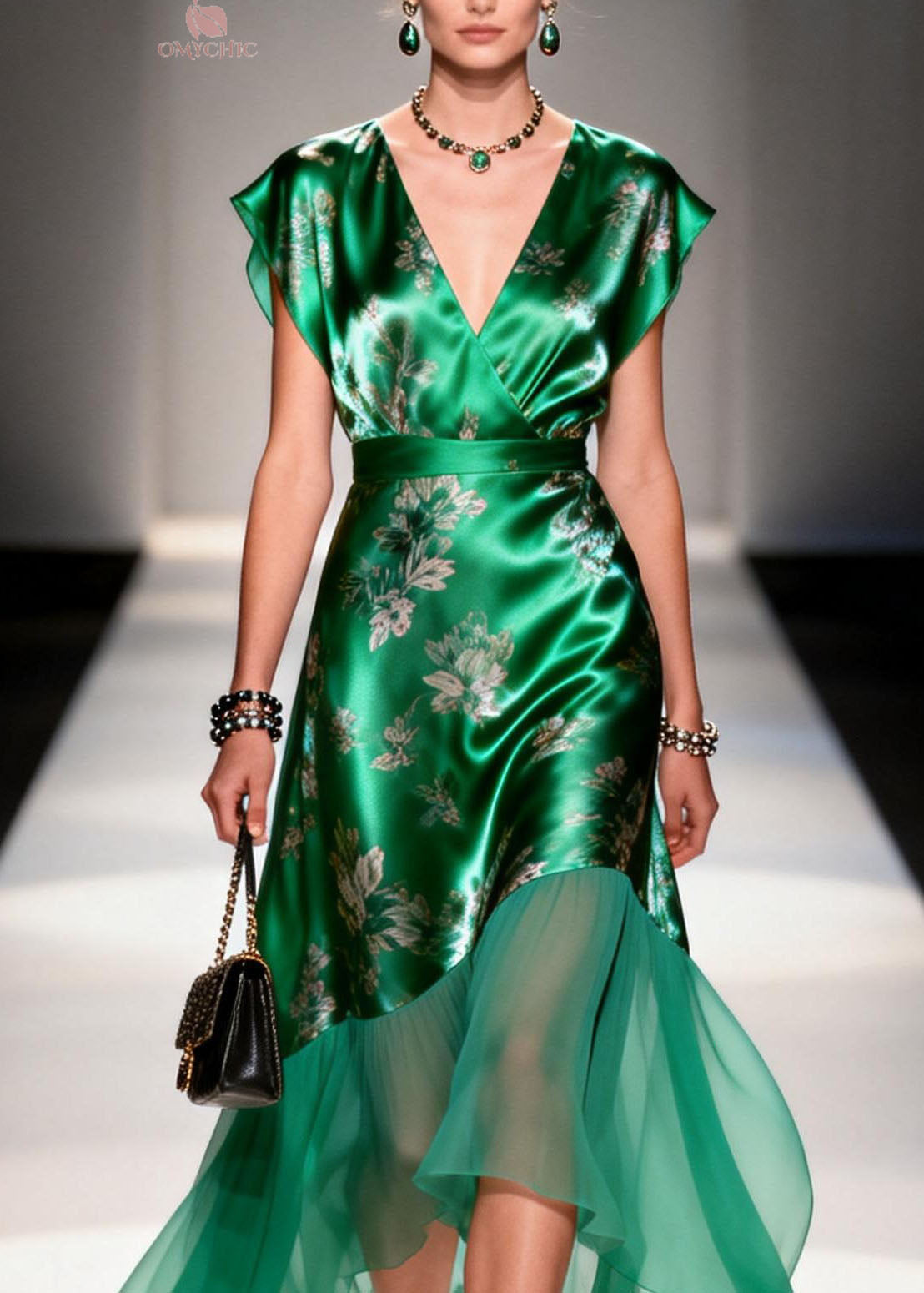 Cap Sleeve V-Neck Wrap Floral Satin Tiered Chiffon Midi Dress - View 2