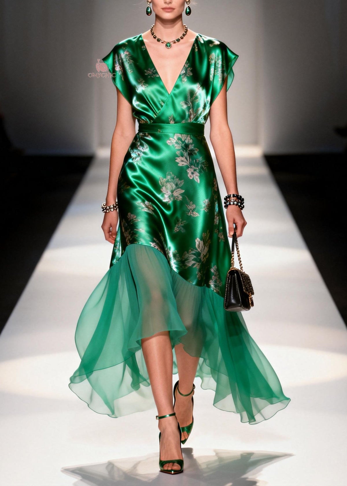 Cap Sleeve V-Neck Wrap Floral Satin Tiered Chiffon Midi Dress - View 3