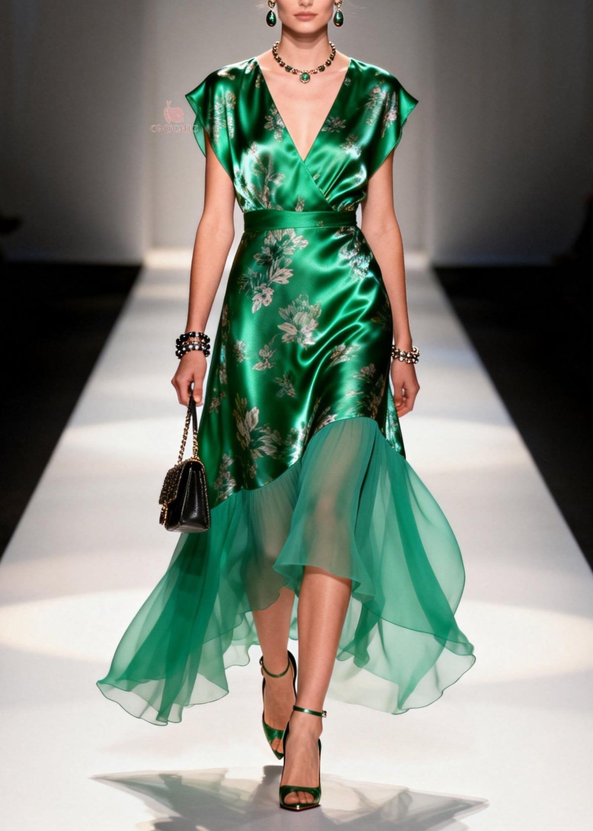 Cap Sleeve V-Neck Wrap Floral Satin Tiered Chiffon Midi Dress - View 5
