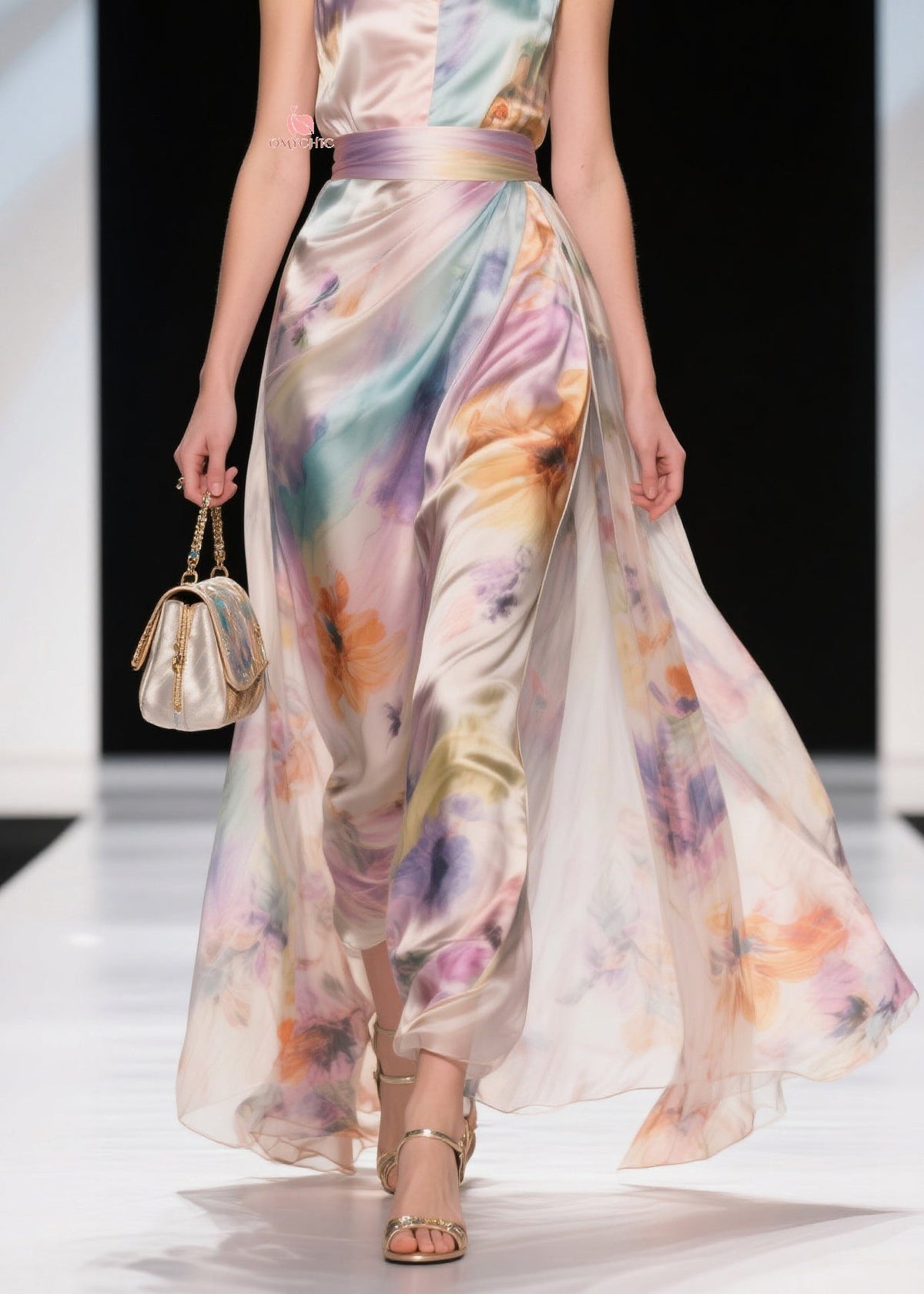 Satin Spaghetti Strap V-Neck Pleated Waist Band Maxi Gown - View 4