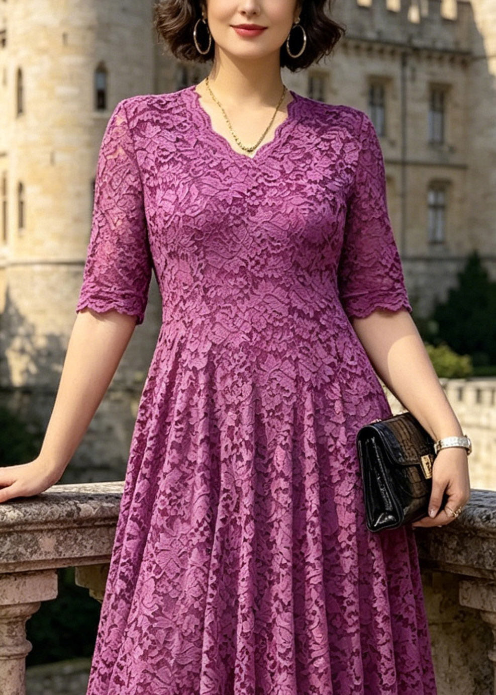 Lace Floral V-Neck Elbow Sleeve Scalloped Trim Midi Dress - View 2