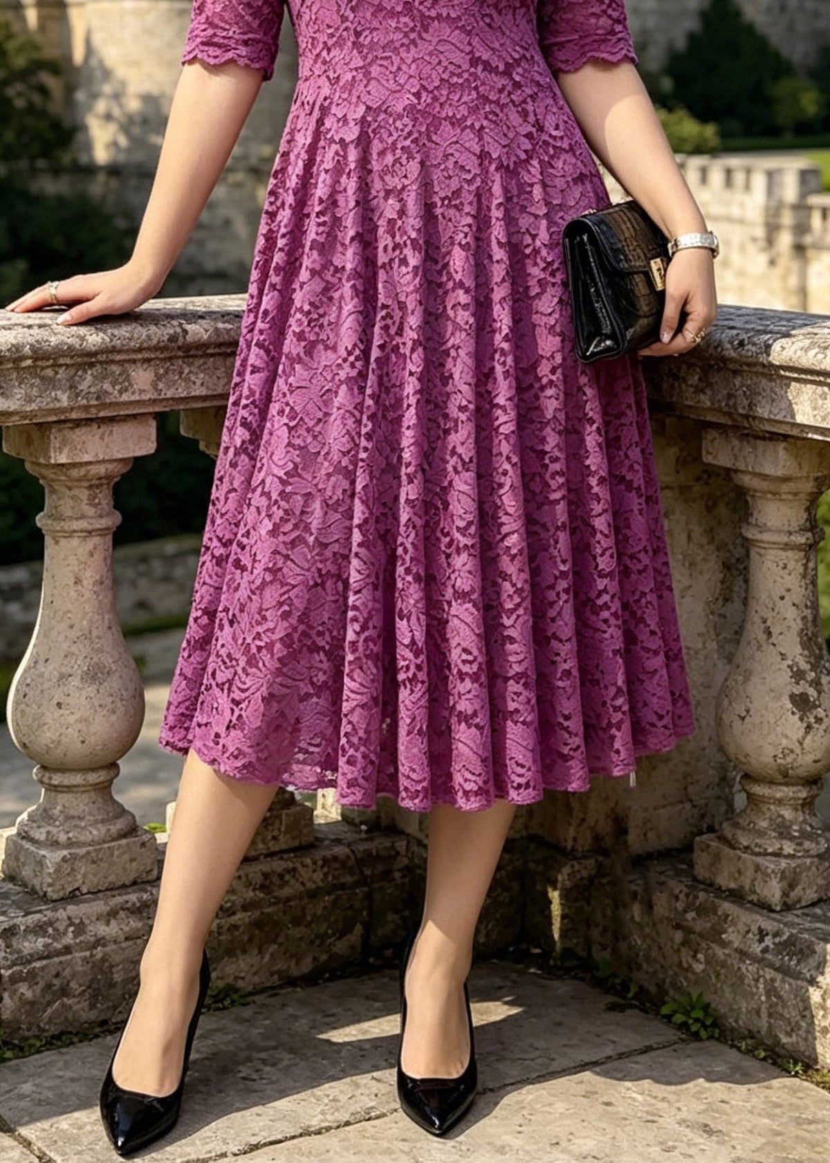 Lace Floral V-Neck Elbow Sleeve Scalloped Trim Midi Dress - View 4