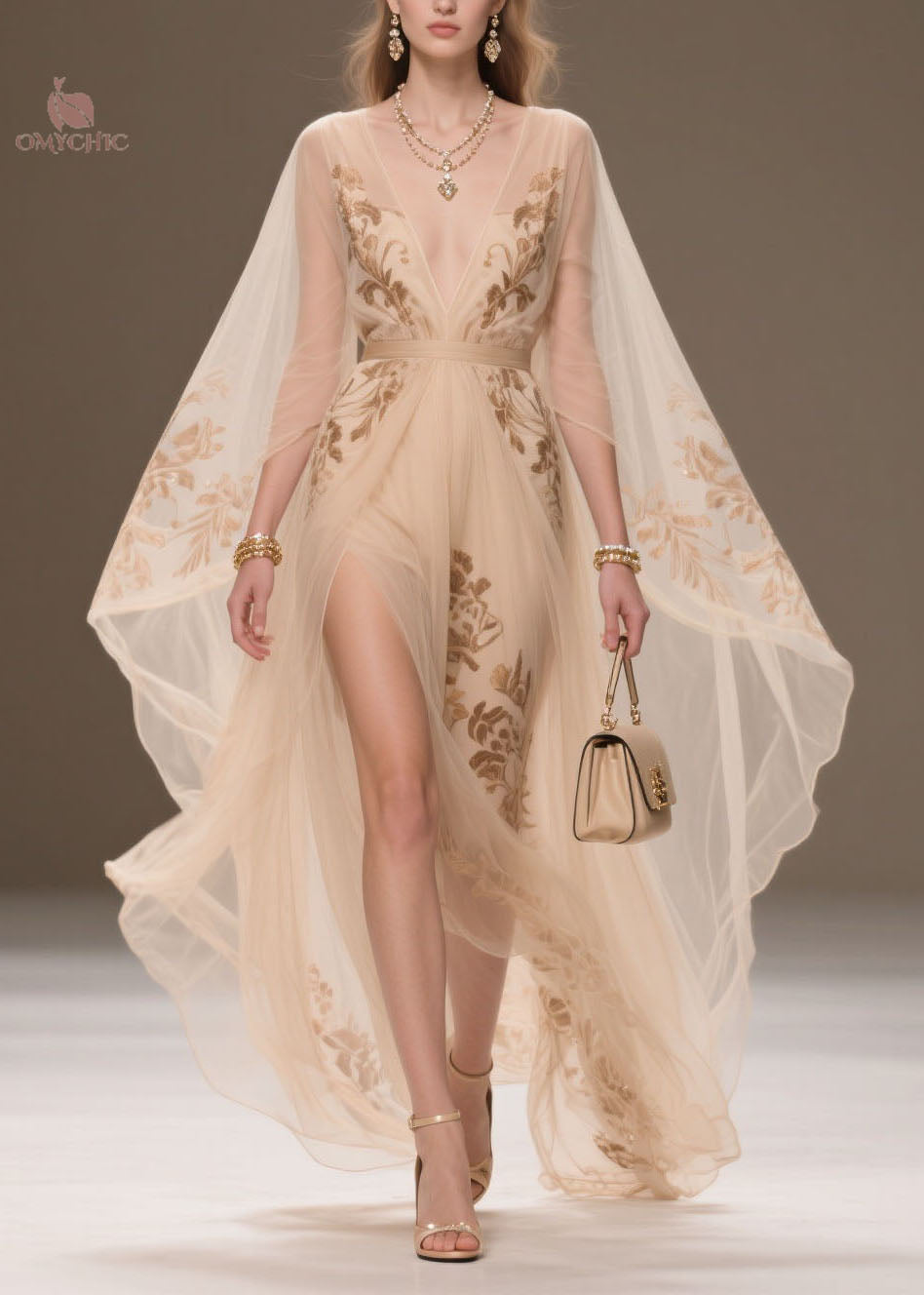 Floral Embroidery Deep V-Neck Cape Sleeve High Split Maxi Gown - View 3