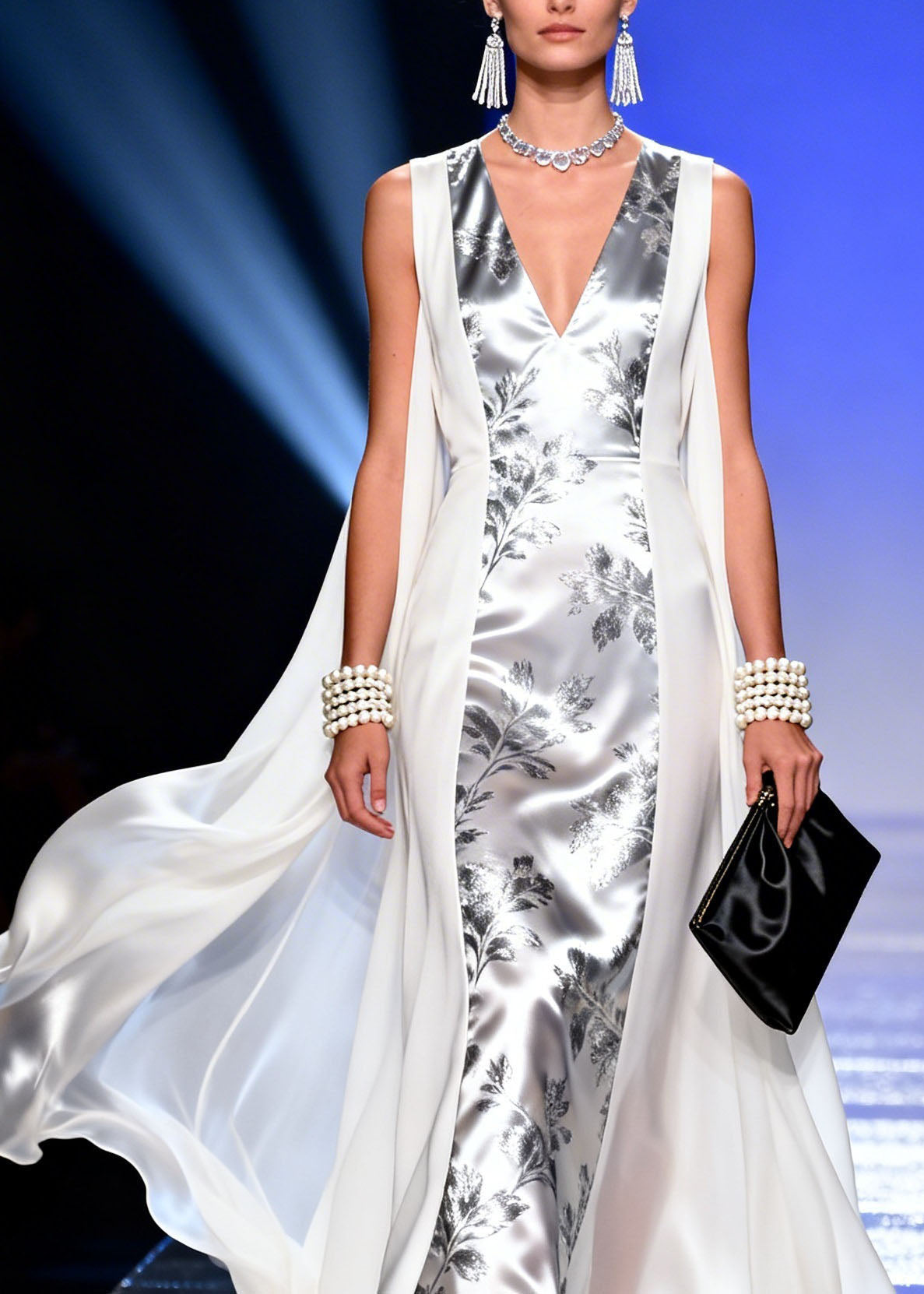 Metallic Floral Print Deep V-Neck Sleeveless Cape Panel Maxi Gown - View 2