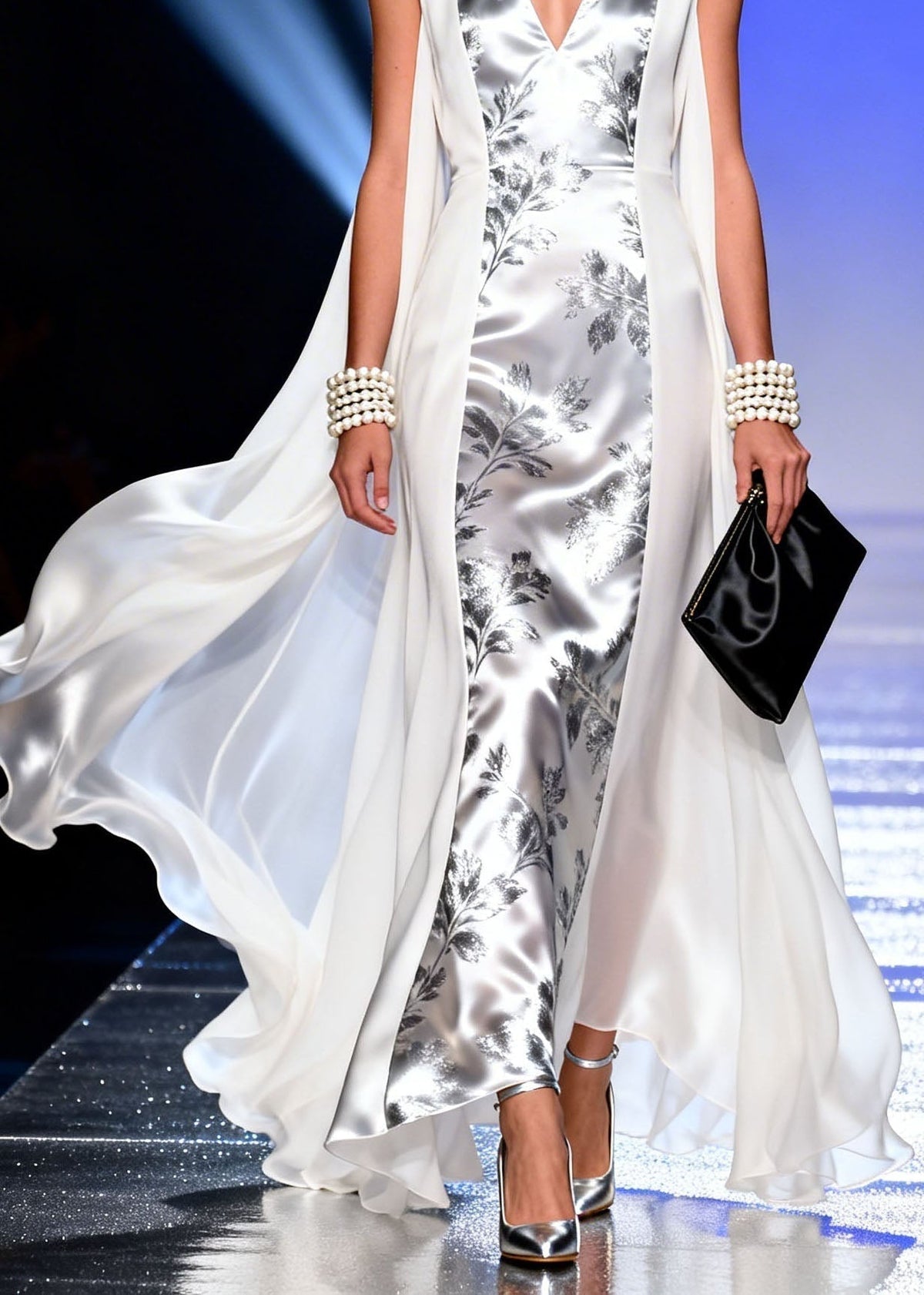 Metallic Floral Print Deep V-Neck Sleeveless Cape Panel Maxi Gown - View 4