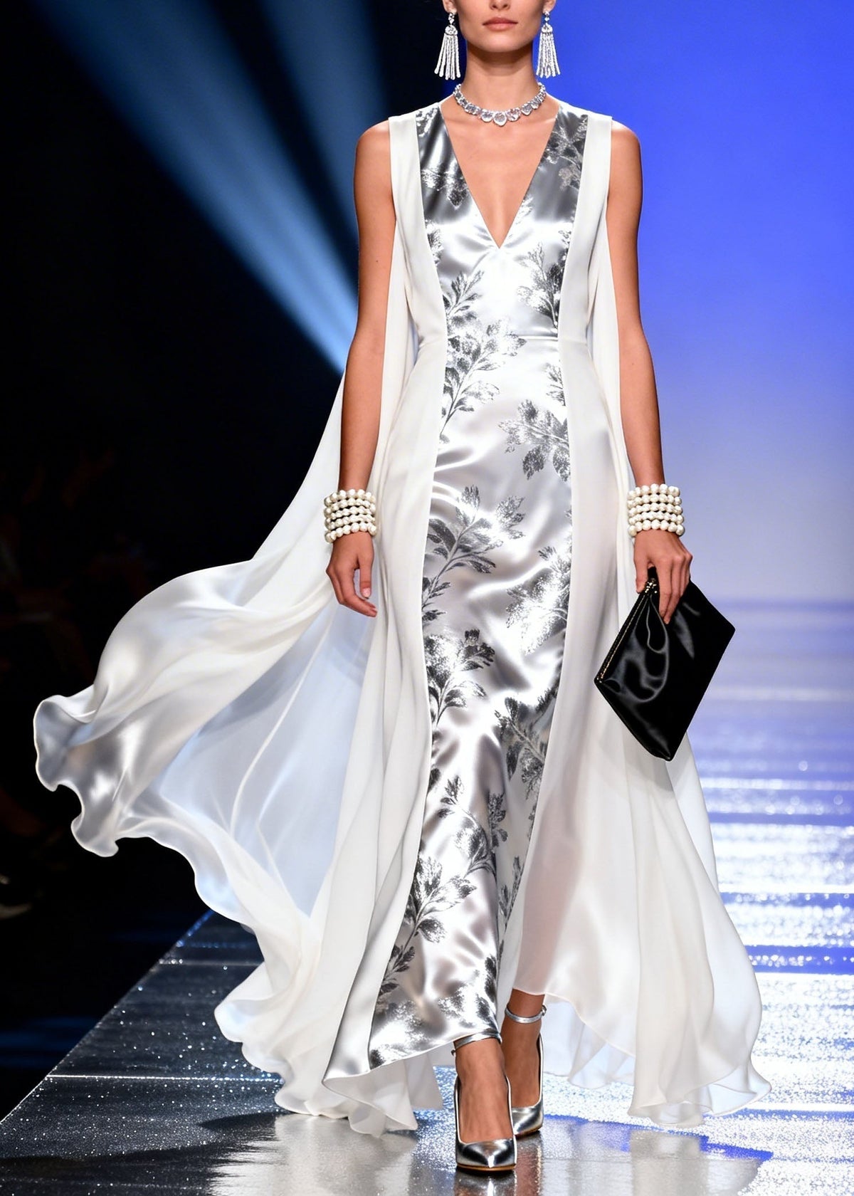 Metallic Floral Print Deep V-Neck Sleeveless Cape Panel Maxi Gown - View 5