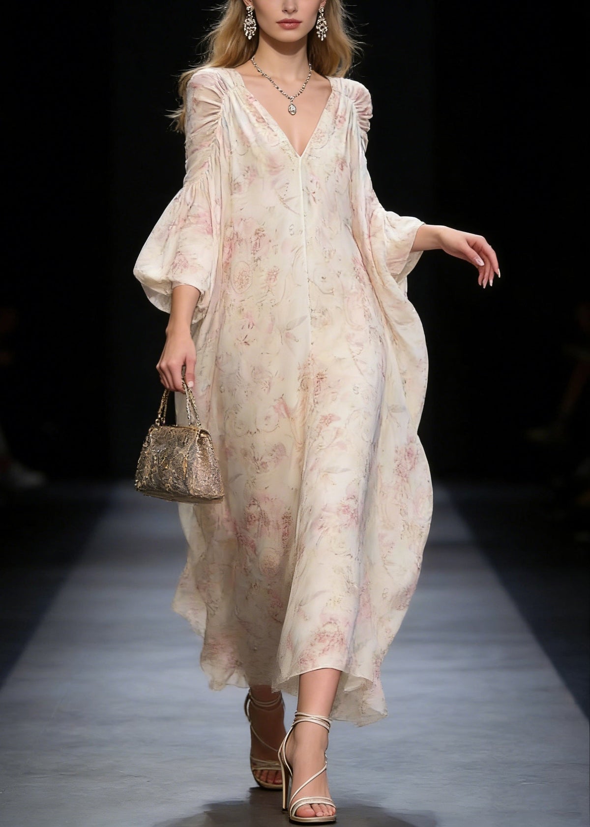Floral Print Deep V-Neck Bishop Sleeve Ruched Shoulder Maxi Gown