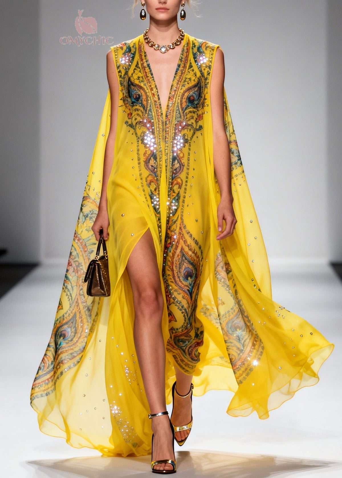 Chiffon Peacock Print Deep V-Neck Cape Sleeve Sequin Trim Maxi Dress - View 3