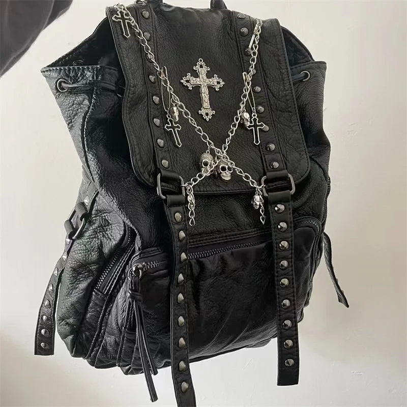 Y2K Girls Soft Leather Punk Skull Cross Chain Korean Style Gothic Backpack Bag Black Halloween