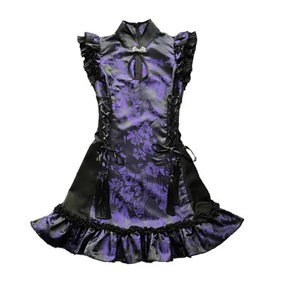 Jacquard Mandarin Collar Keyhole Lace Up Harness Strap Mini Dress - View 6