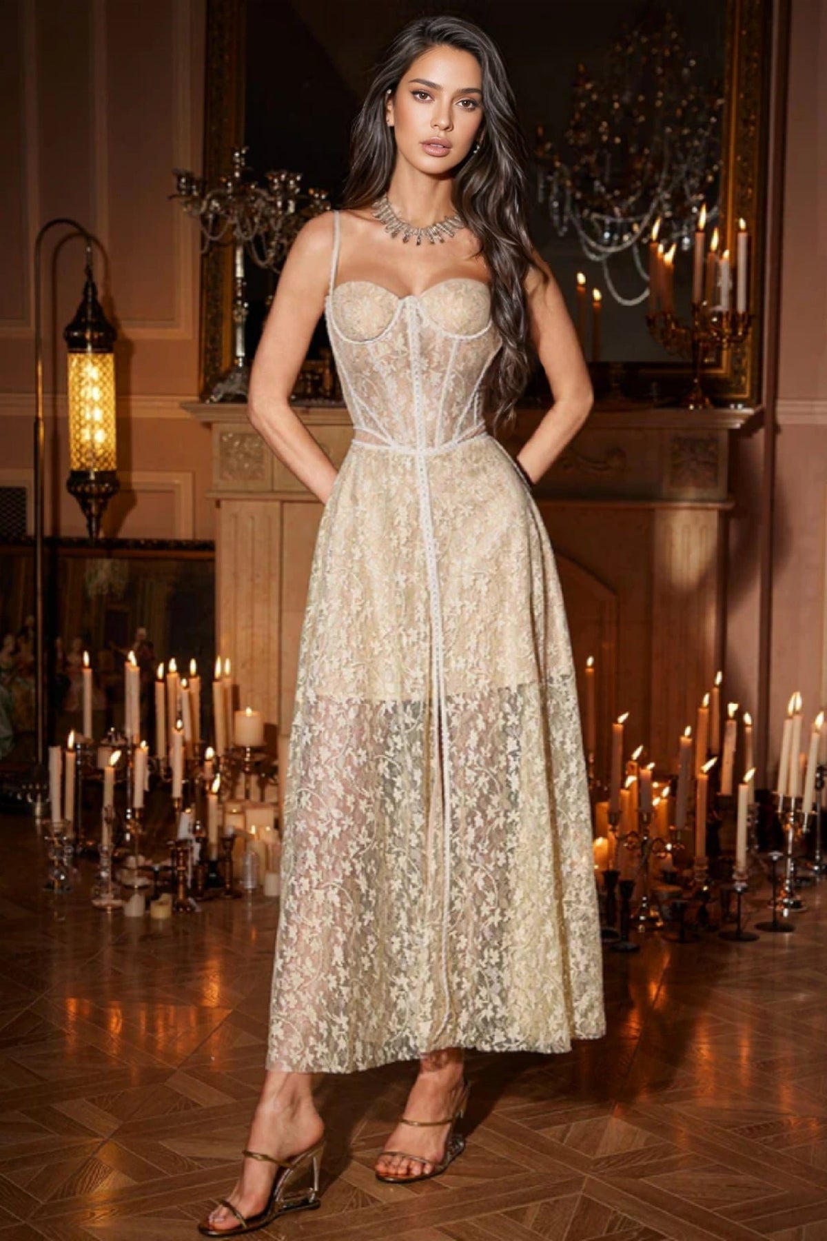 Lace Sweetheart Spaghetti Strap Corset High Split Midi Dress - View 2