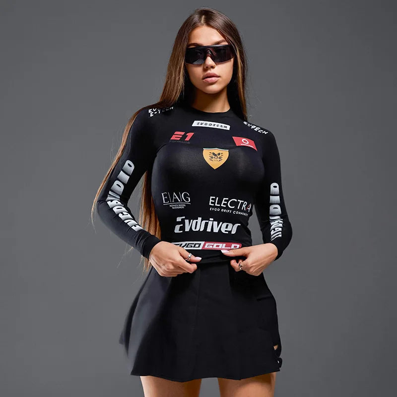 European American Motorcycle Style Letter Print Slim Knit Top