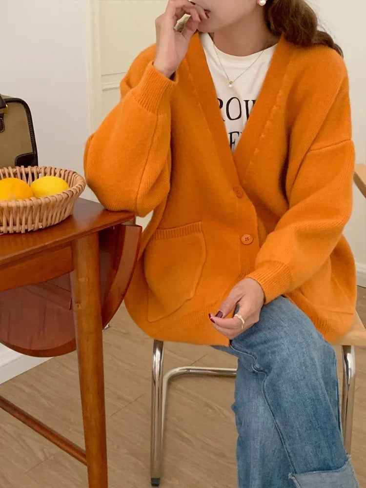 Oversized Preppy V-Neck Knitted Knit Cardigan