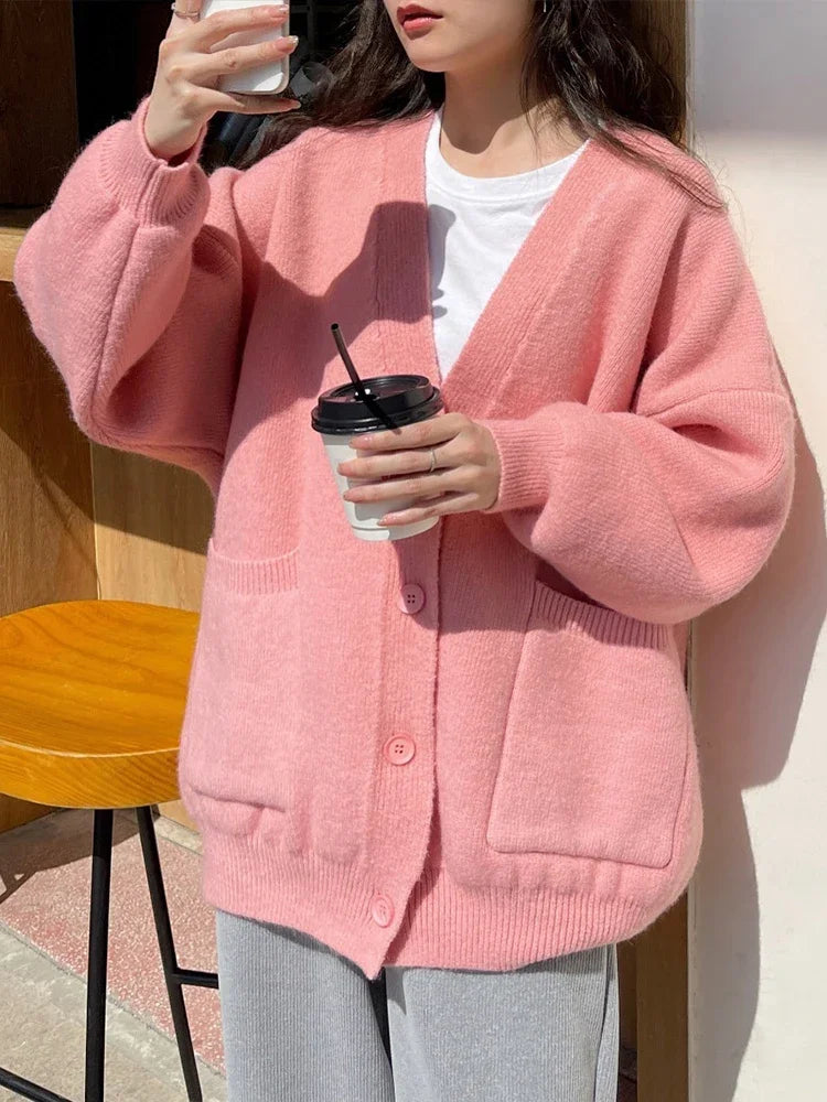 Oversized Preppy V-Neck Knitted Knit Cardigan