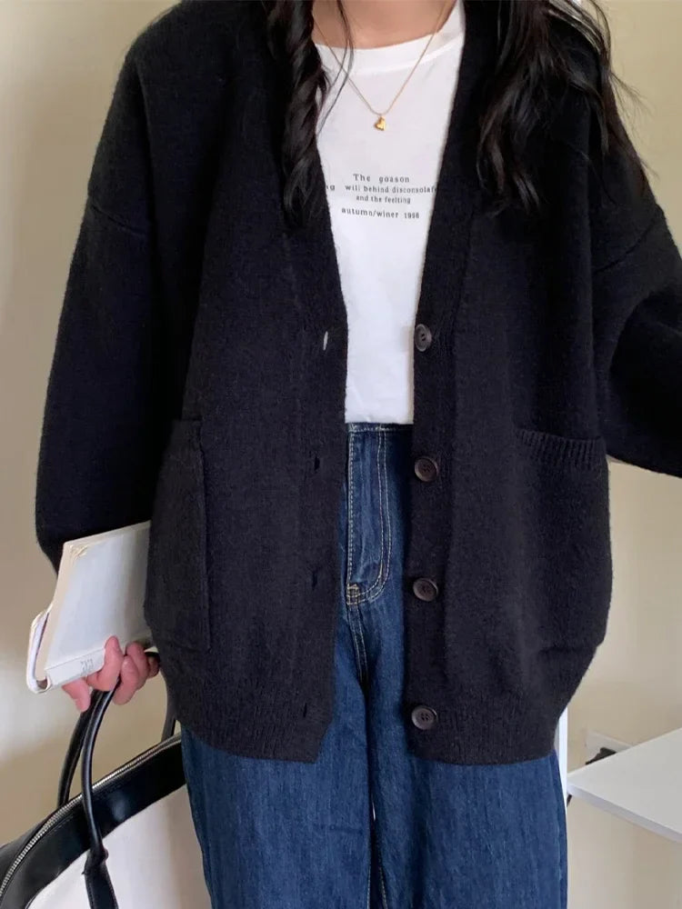 Oversized Preppy V-Neck Knitted Knit Cardigan