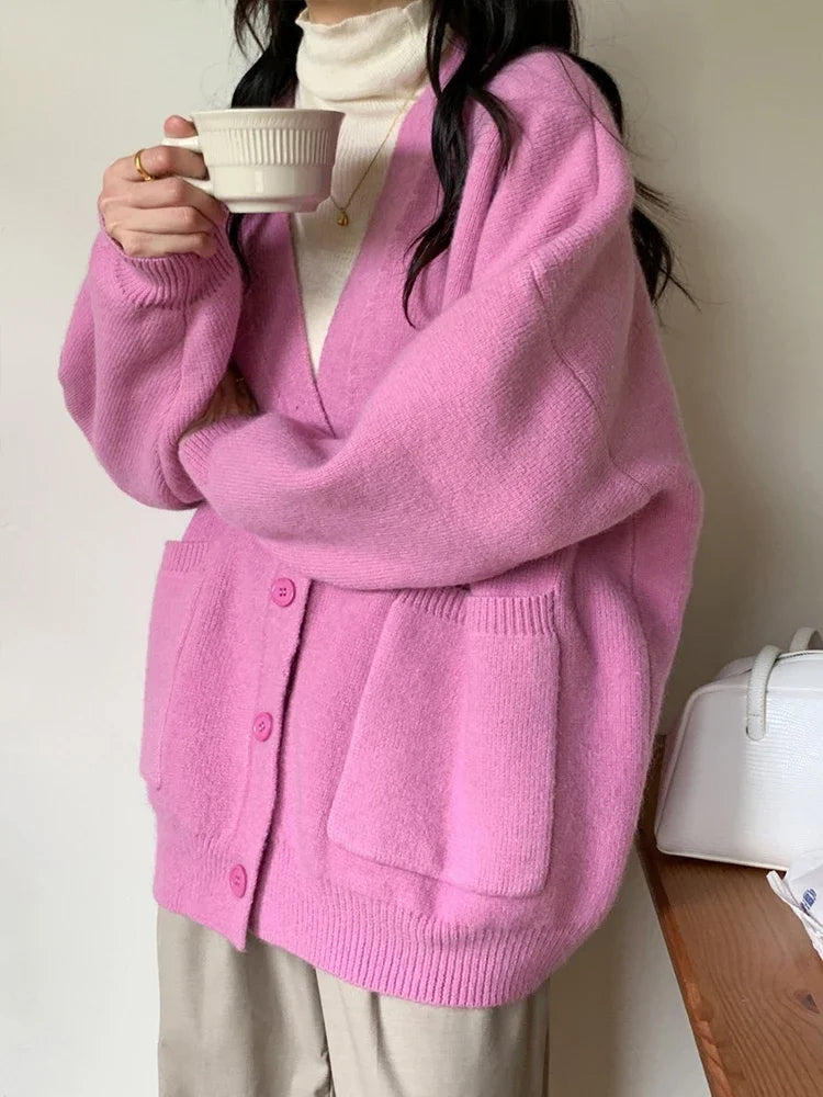 Oversized Preppy V-Neck Knitted Knit Cardigan