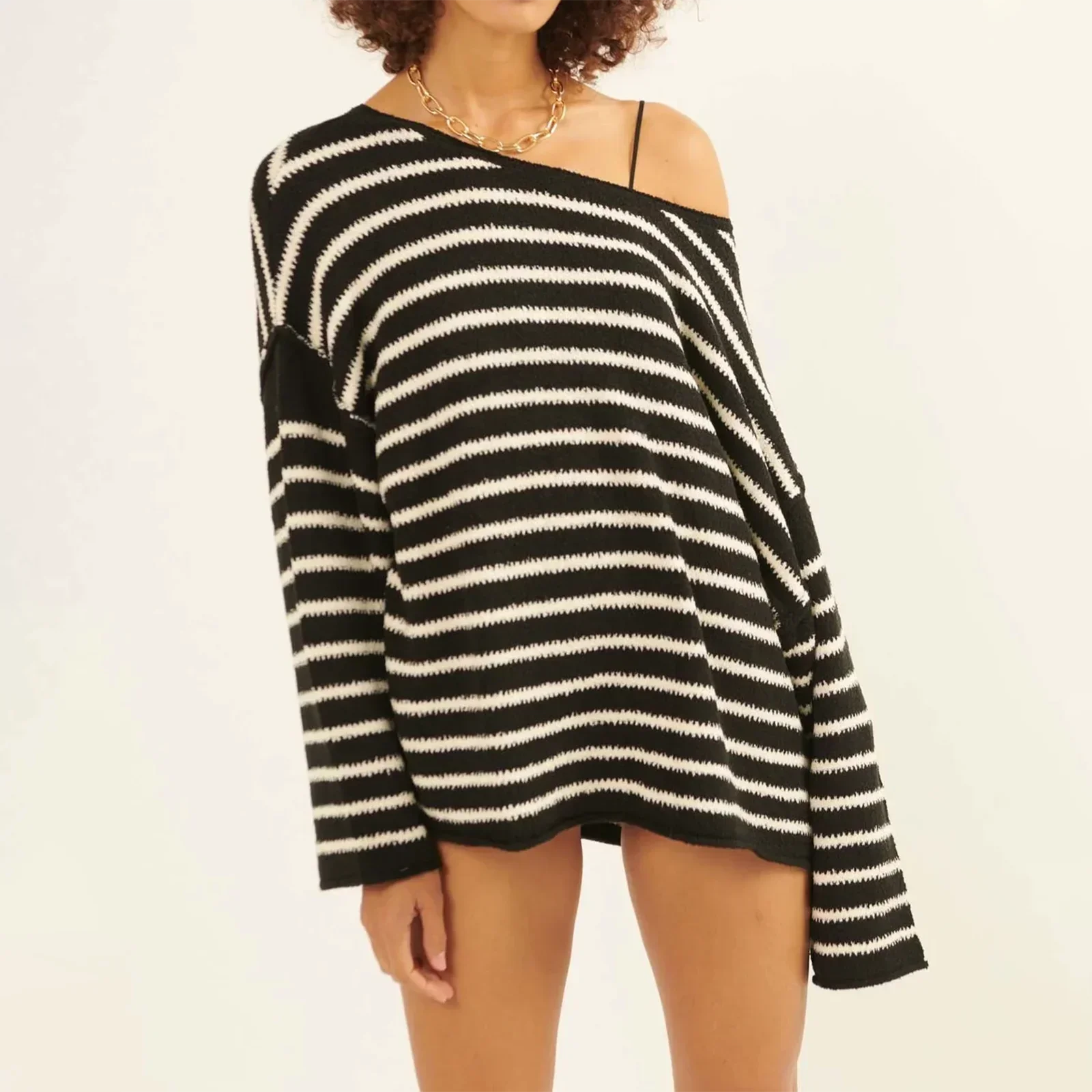 PrincessAce Oversized Striped V-Neck Color Block Sweater